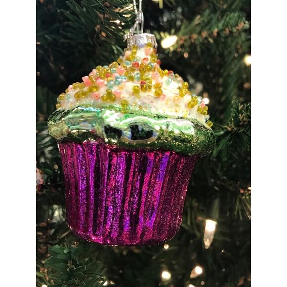 2 Cup Cake Christmas Ornaments-Glass Red Purple Sprinkle Beads Bakery Food - Picture 7 of 7